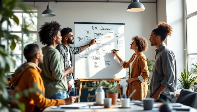 A team of UX designers analyzing user feedback on a whiteboard during a collaborative meeting.