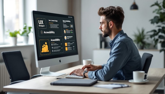 A focused UX designer working on a computer with usability principles displayed on a screen.