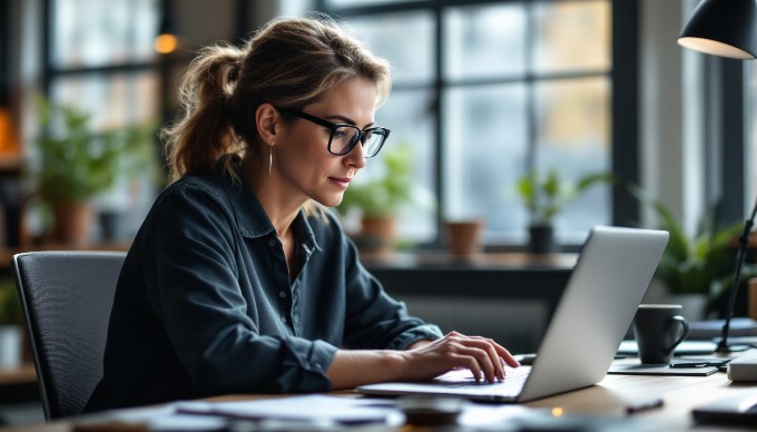 A UX designer reviewing digital accessibility features on a laptop in a modern office setting.