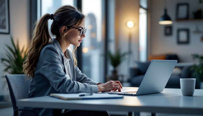 A UX designer analyzing user feedback on a laptop in a modern office setting.