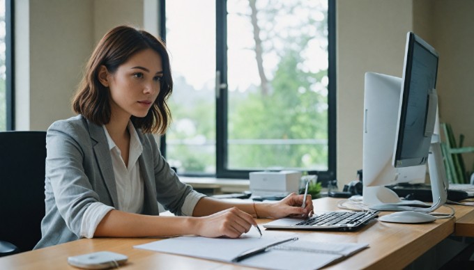 A UX designer analyzing user feedback on a computer screen in a modern office setting.