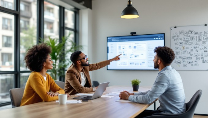 A UX designer collaborating with a team in a modern office setting, reviewing wireframes on a large screen.