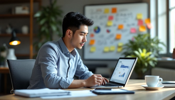 A UX designer collaborating with colleagues in a modern office setting, analyzing user experience data on a computer screen.