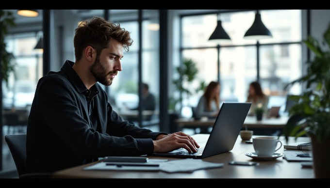 A UX designer testing a prototype on a laptop in an office setting.