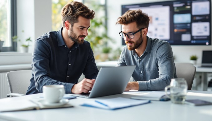 A UX designer conducting usability testing with a user, observing their interaction with a prototype on a laptop.