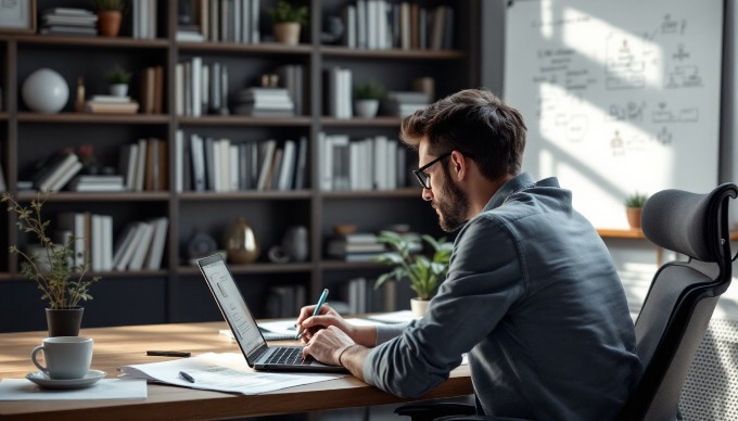 A UX designer conducting user research in an office setting with a laptop and notes.