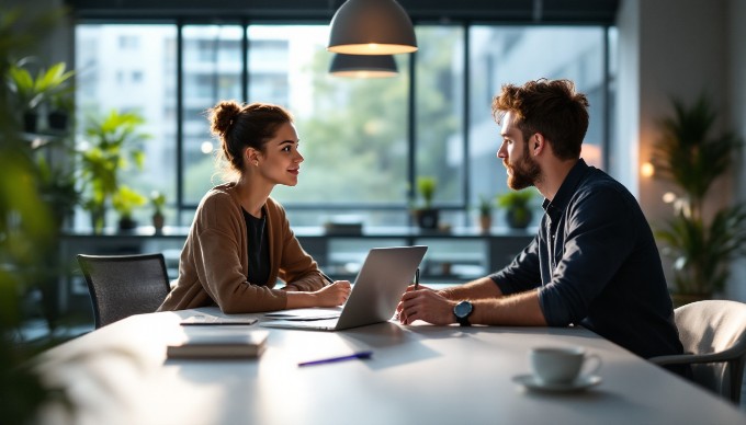 A UX designer conducting user research through a survey with a participant in a modern office setting.