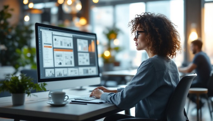 A UX designer reviewing wireframes on a computer in a modern office setting.