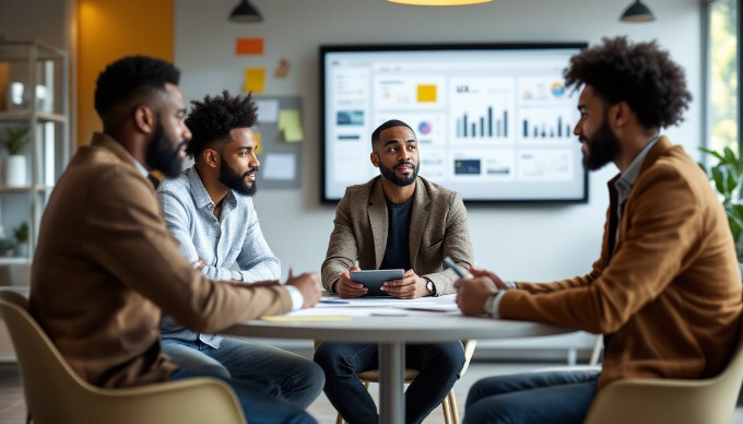 A team conducting user research with participants in a modern conference room, discussing UX design insights.