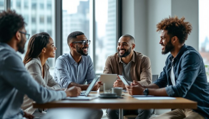 A collaborative team discussing UX UI writing strategies at a conference table.