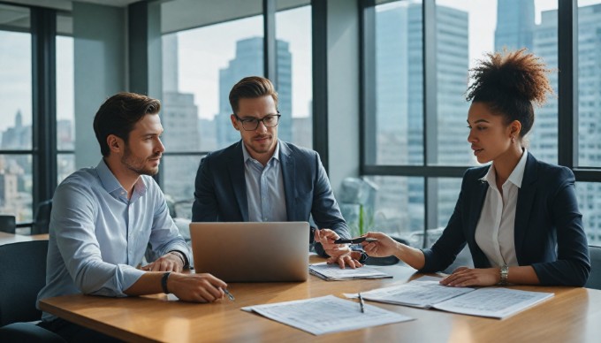 A diverse group of professionals discussing voice commerce strategies in a modern office.