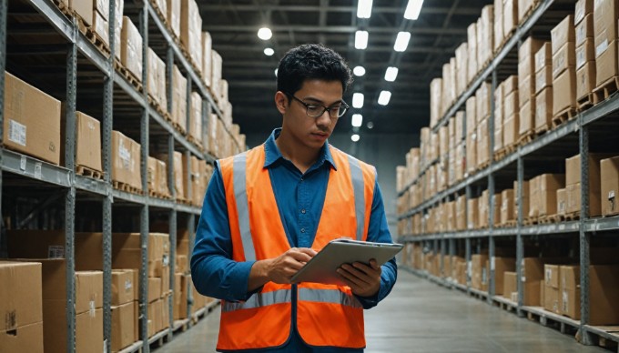 An individual managing inventory levels in a warehouse using a tablet.