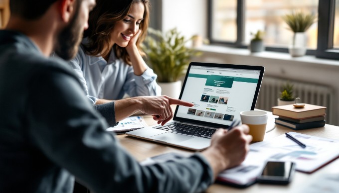 A professional setting showing two people collaborating on a responsive web design project, discussing layouts while looking at a laptop screen.