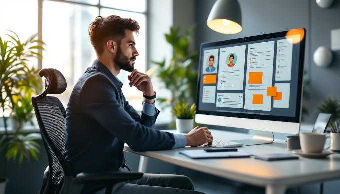 A professional web designer analyzing user personas on a computer screen in a modern office setting.