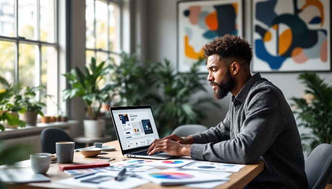 A web designer reviewing a website's user interface on a laptop in a bright, modern workspace, with design sketches and color palettes spread out on the table.