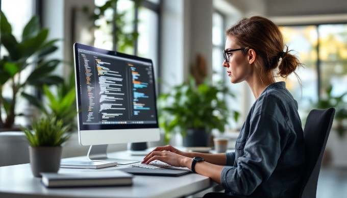 A focused web developer coding on a computer in a bright office space.