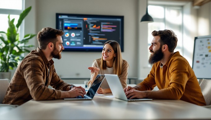 A team collaborating on web development in a professional office setting.