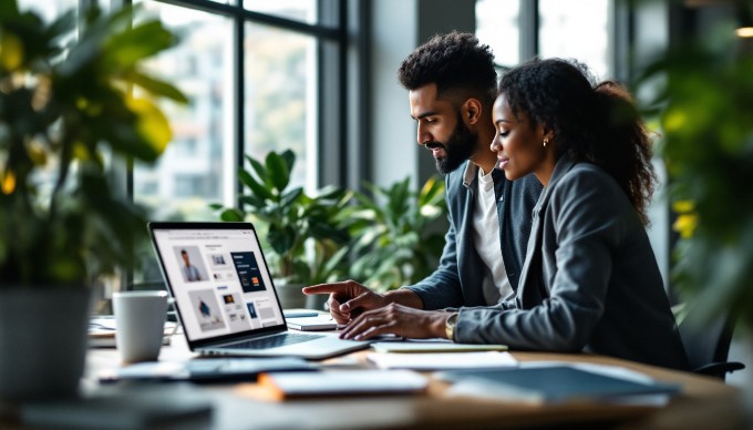 A web developer and designer collaborating at a desk with a laptop, discussing a project with designs on the screen.