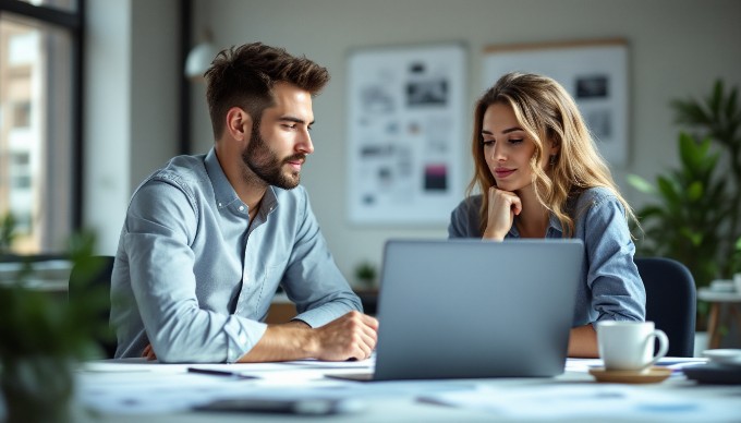 A professional setting with two people engaged in a discussion over a laptop, showcasing a good web layout.