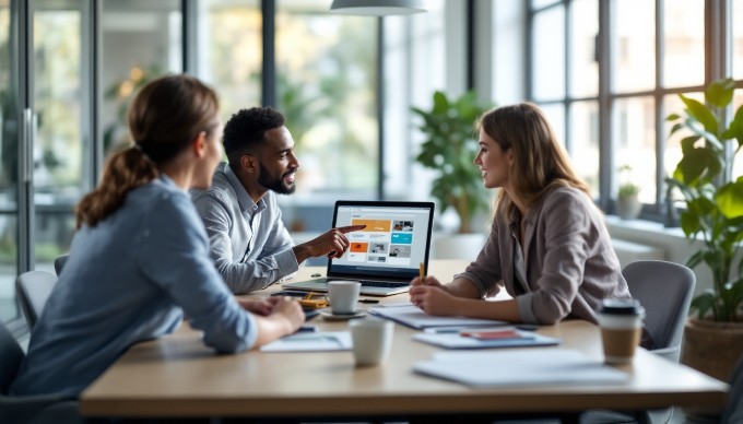 A team of professionals collaborating on web design strategies in a modern office setting.