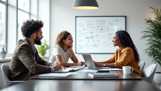 A professional setting showcasing a diverse group of individuals collaborating on website customization strategies, with laptops and notes on the table.