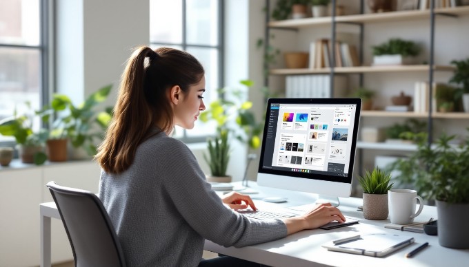 An individual analyzing website customization tools on a laptop in a bright office space.