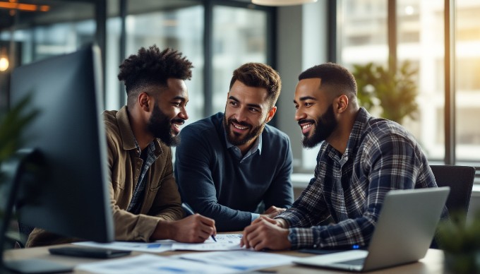 A group of diverse people collaborating on website design accessibility in a modern office environment.