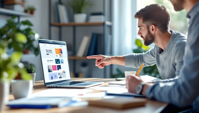 A professional setting with two people collaborating on a website design project at a modern desk, with a laptop, coffee cup, and design mockups visible.