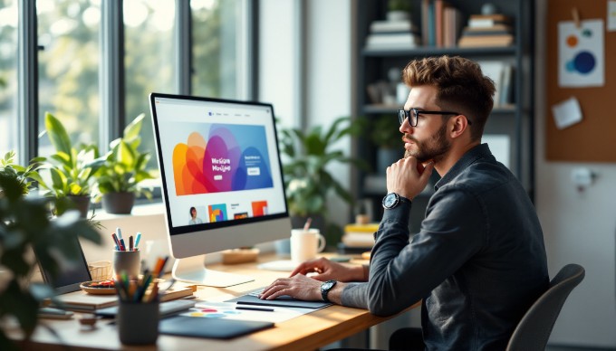 A stylish workspace featuring a mockup of a website design on a computer screen, with design tools nearby.