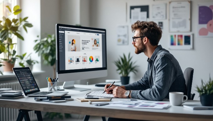 A person analyzing a website layout on a large monitor, illustrating the importance of good web design.