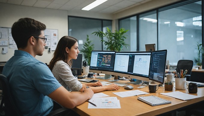 A professional setting with two individuals analyzing website performance metrics on a computer screen, surrounded by notebooks and a coffee cup, showcasing a collaborative work environment.