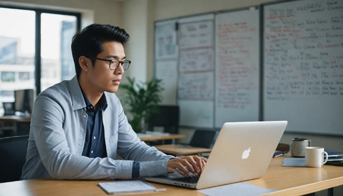 A focused professional analyzing website performance metrics on a laptop in a modern office setting.