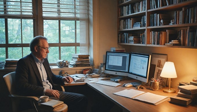 A professional looking at website performance metrics on a computer screen in an office setting.