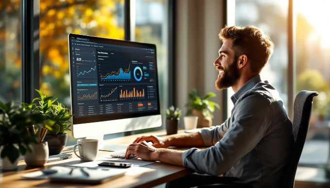 A person analyzing website performance metrics on a computer screen in a bright, modern workspace.