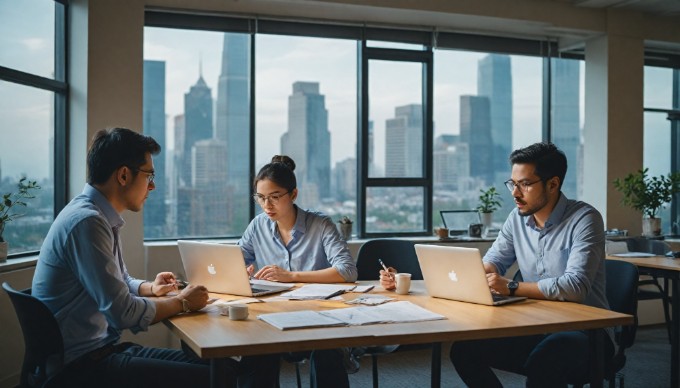 A professional workspace with two individuals focused on optimizing website performance, analyzing data on their computer screens.