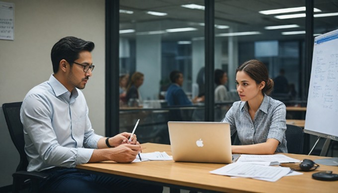 A professional setting with two people collaborating over a laptop, discussing WordPress themes and templates.