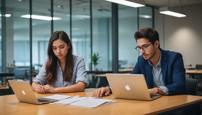 A professional setting with two people discussing WordPress hosting options at a modern desk with laptops, notebooks, and coffee cups.