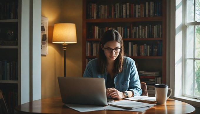 A focused individual working on a laptop in a cozy home office, reviewing WordPress hosting plans with a cup of coffee nearby.