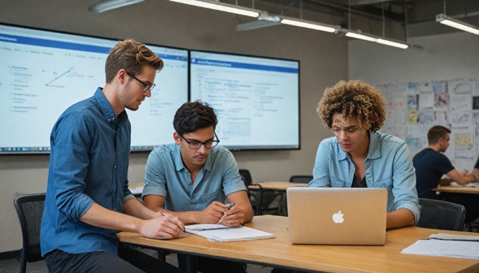 A group of diverse individuals discussing WordPress installation steps in a collaborative workspace.