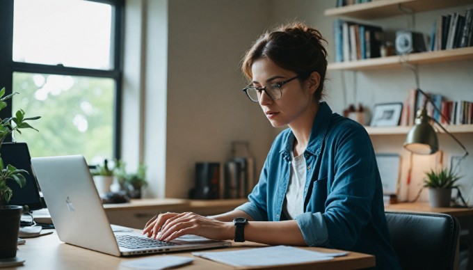 A person setting up a WordPress installation on a laptop at a modern office desk, with coding books and a coffee mug beside them.