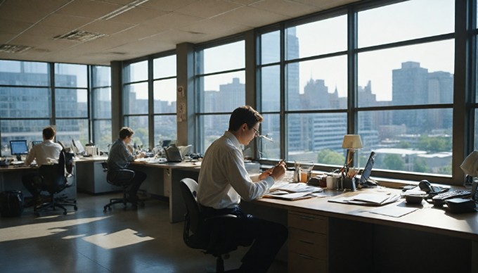 Two professionals discussing WordPress maintenance strategies in a modern office setting.