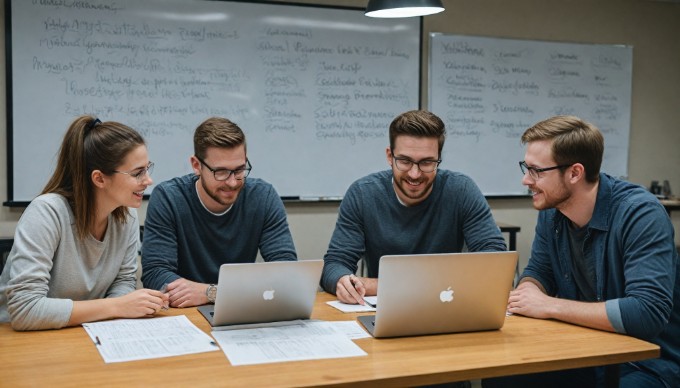 A group of diverse individuals discussing WordPress plugins in a collaborative workspace.