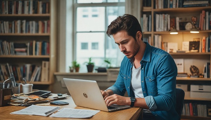 A professional setting with a person installing a WordPress plugin on a laptop, surrounded by tech gadgets and notes.