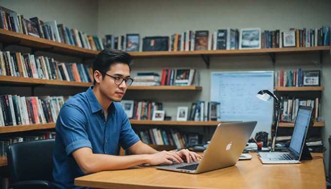 A professional setting showing a person installing a WordPress plugin on a laptop, with a notepad and coffee cup on the desk.