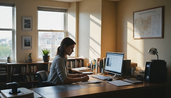 A professional working at a desk, focused on optimizing a WordPress site with plugins on a computer.