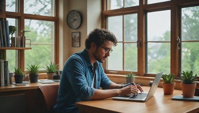 An individual optimizing a WordPress site on a computer in a cozy home office.