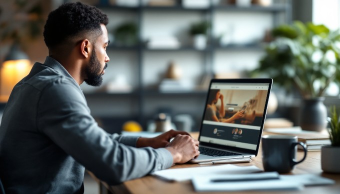 A professional setting showcasing a WordPress slider on a computer screen with a person analyzing it.