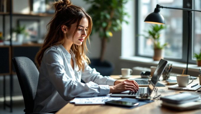 A professional working on modifying WordPress templates at a desk with a laptop and notes.