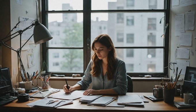 A person developing a WordPress theme at a desk with a laptop and design tools.