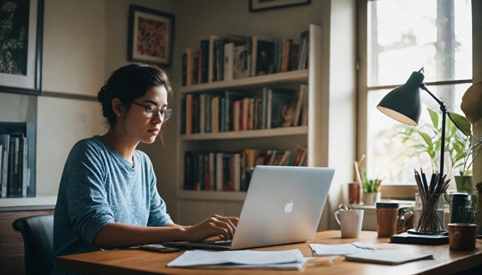 A person examining WordPress theme options on a laptop in a cozy workspace.